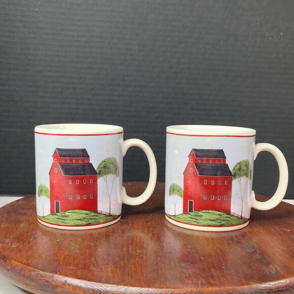 Set of 2 Vintage Warren Kimble 1998 Barns Mugs by Sakura Red Barn Blue Sky - Picture 2 of 9